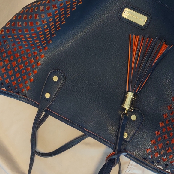Big Buddha Navy/Orange Perforated Vegan Leather Tote - Picture 6 of 16